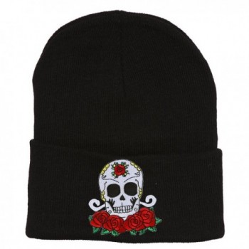 Candy Skull and Roses Black Cuffed Beanie - C8127BR3B2P