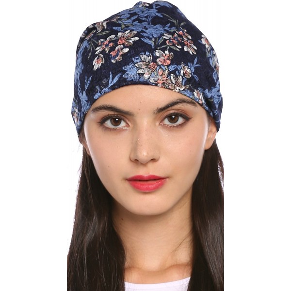 Ababalaya Women's Elegant Floral Lace Turban Cap Chemo Cancer Beanie Cap Nightcap - Sapphire - C4182SEHS97