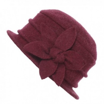 Dantiya Womens Winter Warm Wool Cloche Bucket Hat Slouch Wrinkled Beanie Cap with Flower - Flower-burgundy - CM183LR9W2R