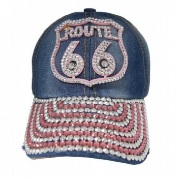 Adjustable Studded Rhinestone Brim Baseball Cap Hat Selection - 3021 Pink Route 66 Denim - CM12N35PYT8