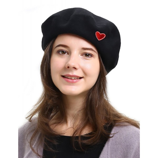 HH HOFNEN Classic Womens French Berets 100% Wool Fall Winter Beret Beanie Hat - Heart-black - CJ187IQOA08