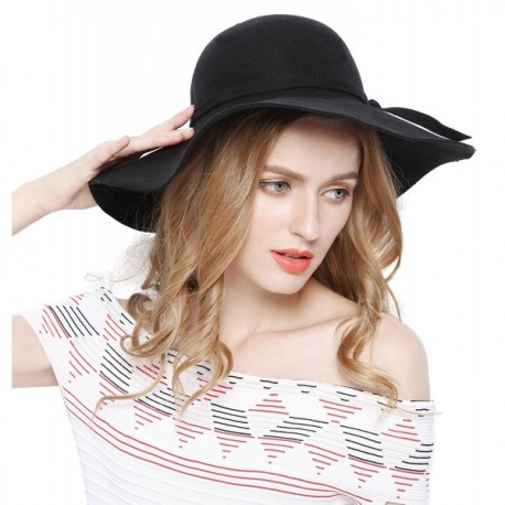 Women 100% Wool Wide Brim Cloche Fedora Floppy hat Cap - Black ...