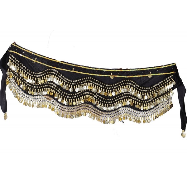 ZLTdream Women's Belly Dance Wave Shape Hip Scarf With Silver Coins - Black-Gold - CX1880762SU