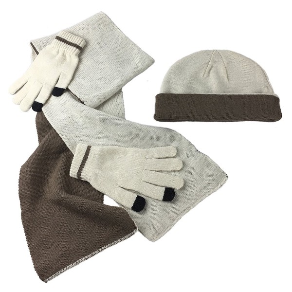 N'Ice Caps Adults Unisex Reversible Knit Hat/Scarf/Touchscreen Glove Set - Winter White/Brown - CF184L560ZI