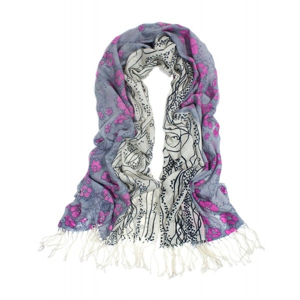 Dahlia Women's 100% Merino Wool Pashmina Scarf - Ink Painting Flower Style - Pink Flower Flowing River - CL113ZJYZVP