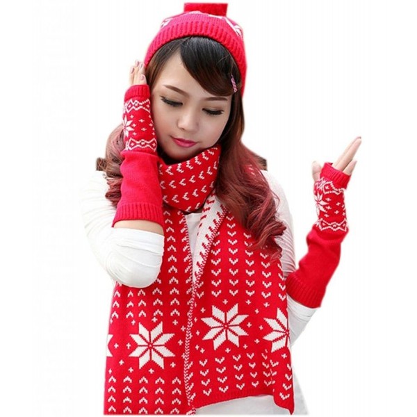 Gellwhu Women's Girls Woolen Yarn 3 Piece Snowflake Hat Gloves and Scarf Sets - Red - C71294G9HB5