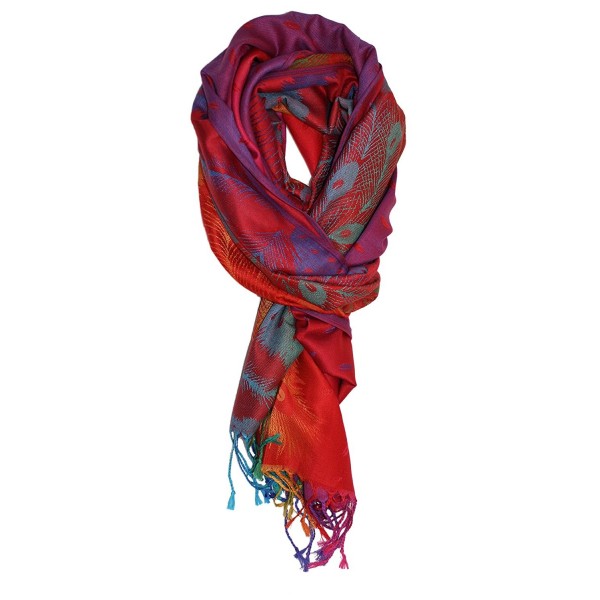 Luxe Jewel Tones Peacock Feathers Pashmina - Red - C412O1HEC7J