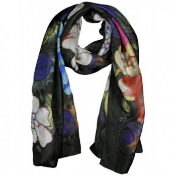 Invisible World Women's 100% Silk Hand Painted Rectangular Scarf Peonies Black - CD11L7QITXN