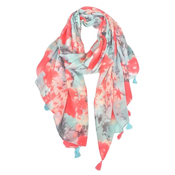 GERINLY Womens Scarves: Blumarine Floral Pattern Soft Wrap Scarf - Orangered+lightcyan - CA126OXLOFX