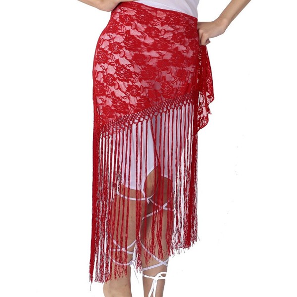 ZLTdream Women's Belly Dance Long Tassels Lace Triangle Hip Scarf - Red - CS17YL894O7