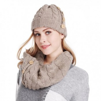 Bienvenu Women Lady Winter Warm Knitted Infinity Scarf and Beanie Hat Set - Khaki - CC12MFYLX29