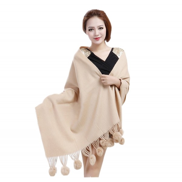 MEEFUR Wide Women's Wool and Cashmere Wraps Rabbit Fur Ball Shawls - Camel - C7127HQA285