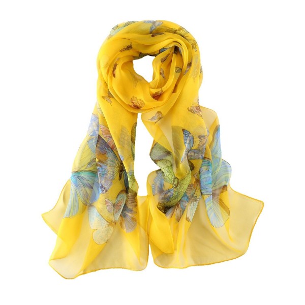 Long Georgette Silk Scarf Butterfly Print - Yellow - CC12OB1GPQW