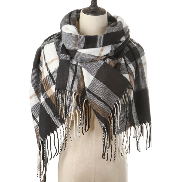 Women Plaid Blanket Cashmere Scarf Long Large Warm Tartan Scarves Wrap Shawl - Black-White - CR187R0MTYG