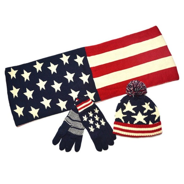 AnVei-Nao Unisex USA American Flag Winter Warm Double Knit Scarf Hats Gloves Set - CA1284CIWJN