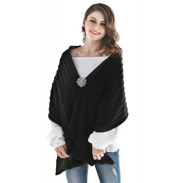 Aukmla Women's Knitted Scarf Pashminas and Shawls Poncho with Brooch - Black - C7186T0H6RL