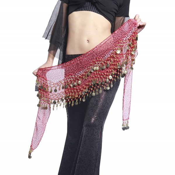 UPRIVER GALLERY Chiffon Ringing Coin Leopard Belly Dance Hip Scarf Waist Belt - Red - CQ1295Z7V4F