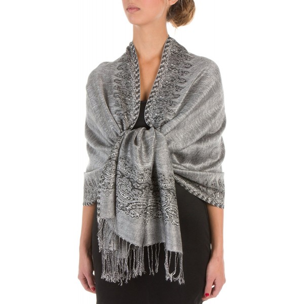 Sakkas 70 x 28-Inch Border Pattern Layered Woven Pashmina Shawl Scarf Wrap Stole - Black White - CO113KBDXT3