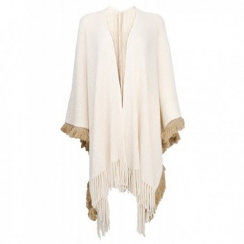 ZLYC Women's Shawl Wrap Open Front Fringe Poncho Cape Sweater Coat Cardigan - Beige-1 - CP187IKQIRM