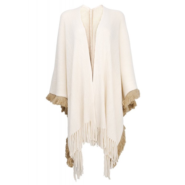 ZLYC Women's Shawl Wrap Open Front Fringe Poncho Cape Sweater Coat Cardigan - Beige-1 - CP187IKQIRM