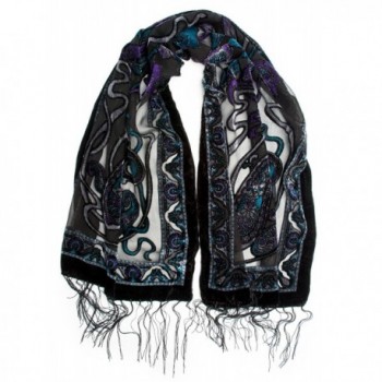 Bohomonde- Muriel Scarf- Silk Art Nouveau Print Velvet Burnout Scarf with Fringe Ends - Amethyst/Jade - CB12C7QQIRP