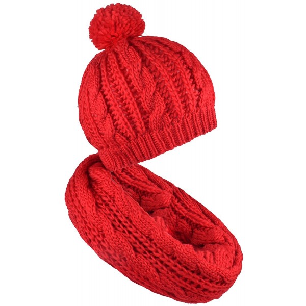 Scarf and Hat Set Pompom Beanies Womens Knitted Infinity Scarves Skull Caps Mens - Red - CA187C9WYT4