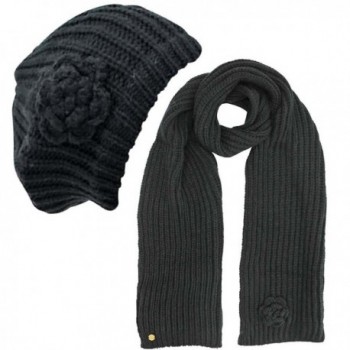 Feminine Rosette Knit Beret Hat & Scarf Set - Black - CY110JONVXR