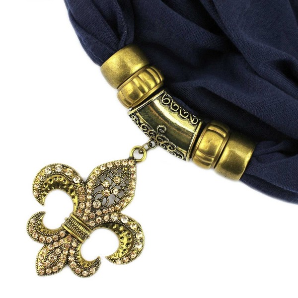PendantScarf Classical Bronze Tone Fleur De Lis Pendant Scarf with Beaded Tassels - Navy - C012NA7E0X1