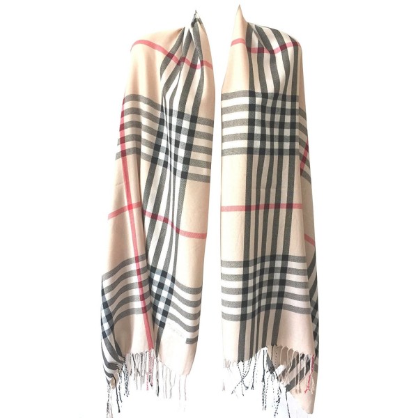 Women Pashmina Silk Scarf Plaid Checker Pattern Long Soft Shawl Wrap Cape Stole - Beige Plaid - C5187H9ZTC8