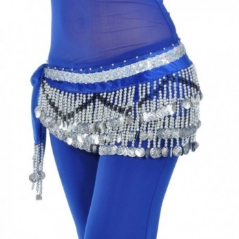 AvaCostume Belly Dance Silver Coins Hip Scarf Dangling Tassels Skirt - Blue - CV1218A5WLX