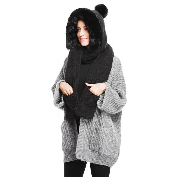 Soft Winter Warm Hooded Scarf Headscarf Neckwarmer Hoodie Hat - Pom Pom_black - C0186W3YC8K