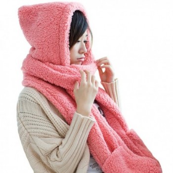 Women Warm Soft Fleece Hooded Scarf Hat Mitten all in one with Pocket for Winter - Pink - CI187R0I8E5