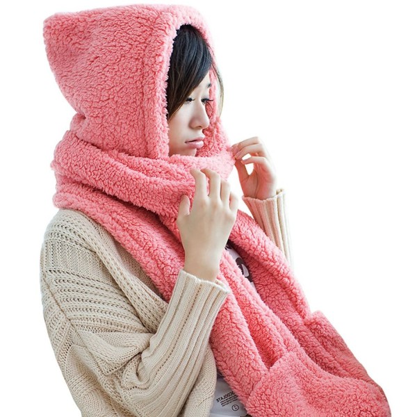 Women Warm Soft Fleece Hooded Scarf Hat Mitten all in one with Pocket for Winter - Pink - CI187R0I8E5