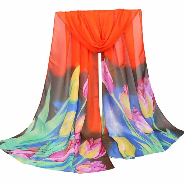 LEERYA Women Ladies Large Flowers Pattern Print Chiffon Scarf Warm Wrap Shawl - Orange - CH12OCGDS9A