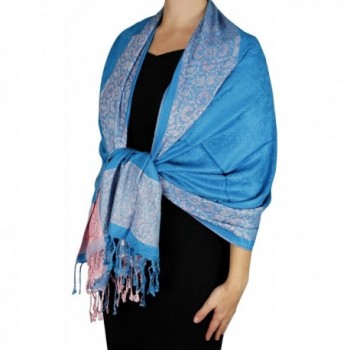 Peach Couture Exclusive Paisley Floral Border Reversible Pashmina Wrap Shawl - Teal and Pink - CI122910D3X