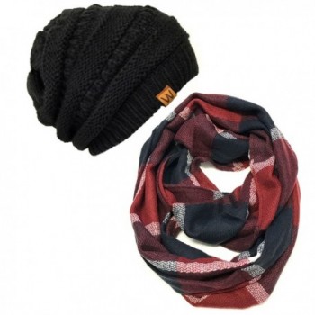 Wrapables Plaid Print Winter Infinity Scarf and Beanie Hat Set- Navy and Wine - C312OBVQRVY
