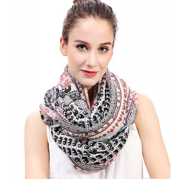 Lina & Lily Boho Elephant Print Women's Infinity Scarf Lightweight - White & Black & Red - C612M13L7UH