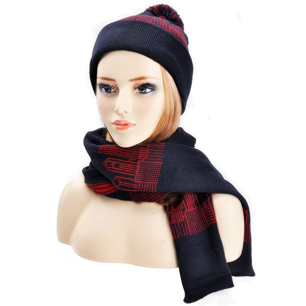 ZLYC Womens Teens Winter Warm Pompom Beanie Hat Skull Cap and Scarf Set - Navy - CJ12MNQV0R7