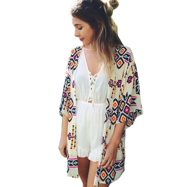 Mallcat Womens Geometry Printed Chiffon Shawl Kimono Cardigan - C112J3ASDQ1