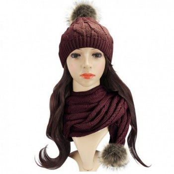 Beautyer Beanie and Scarf Sets For Women Winter Cable Knit Pom Pom Hat and Scarf - Wine Red - CI186HSO3U2