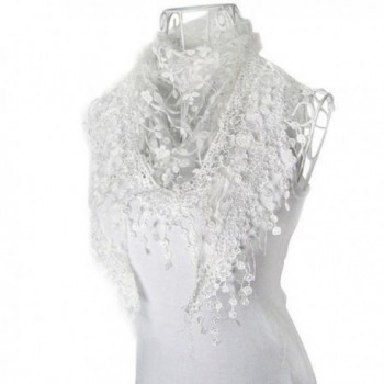 Luweki Fashion Lace Tassel Sheer Burntout Floral Print Triangle Mantilla Scarf Shawl - White - CS12MZ61LX4