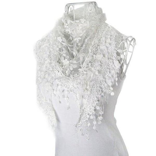Luweki Fashion Lace Tassel Sheer Burntout Floral Print Triangle Mantilla Scarf Shawl - White - CS12MZ61LX4