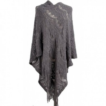 FOUNDO Women's Pullovers Sweater Lace Crochet Knit Poncho Cape Wrap Tassle Shawl - Gray - CD187EXLMDE