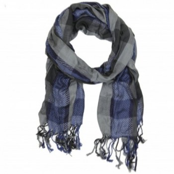 Bucasi Gray Black and Blue Plaid Checkered Grid Scarf with Tassel Fringe - CX11MYDANI1