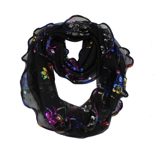 Women's Golden Glitter Rainbow Flowers Print Infinity Loop Cowl Casual Ladies Scarf - Black - C911AUQW8NH