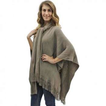 Two-Tone Fringed Shawl With Attached Scarf - Taupe - C111PYYD17D
