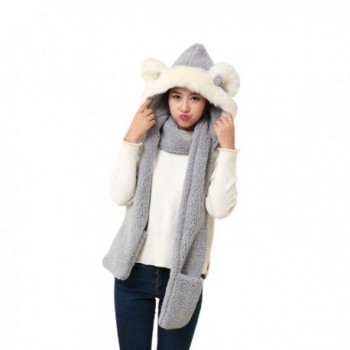 FeelMeStyle Women's Winter Warm Hooded Scarf with Mittens 3-in-1 Hat Scarf Glove - Rabbit-grey - CS187I6CR0U