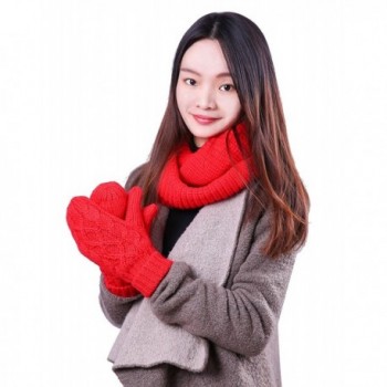 HDE Women's Knit Mittens and Infinity Scarf Set Solid Color Winter Accessories - Red - CR18882L095