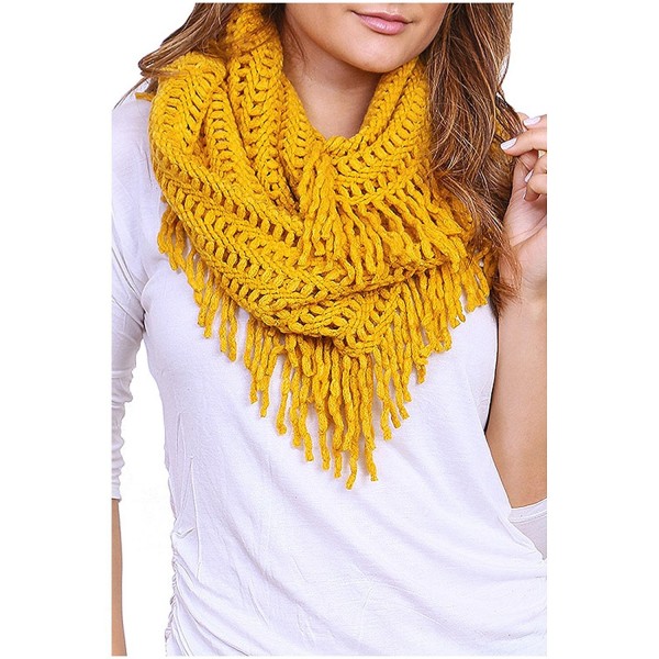 Women's Winter Warm Knit Infinity Scarf Tassels Soft Shawl - Mustard - CD12MXOX772