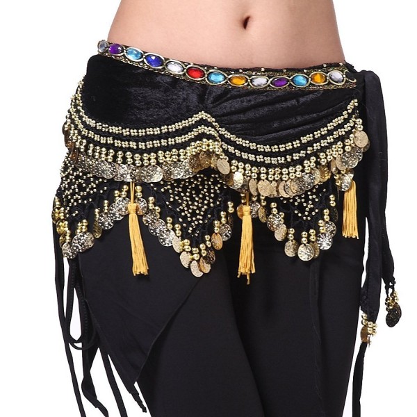 ZLTdream Women's Belly Dance Wave Shape Colorful Diamond Hip Scarf With Coins - Black - C811L0F7EE1